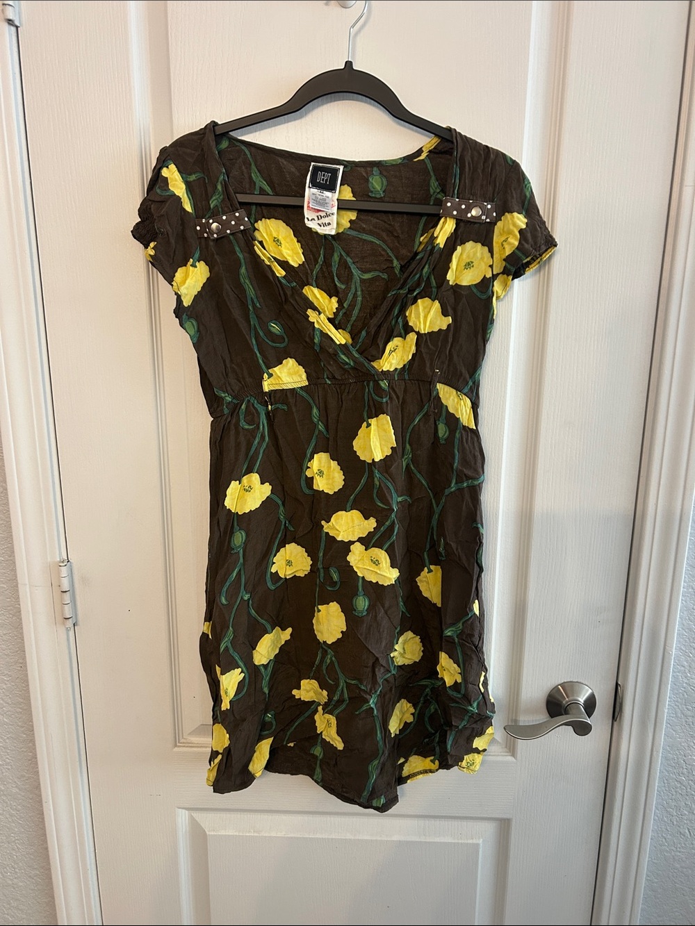 DEPT Floral V-Neck Mini Dress in Yellow on Brown